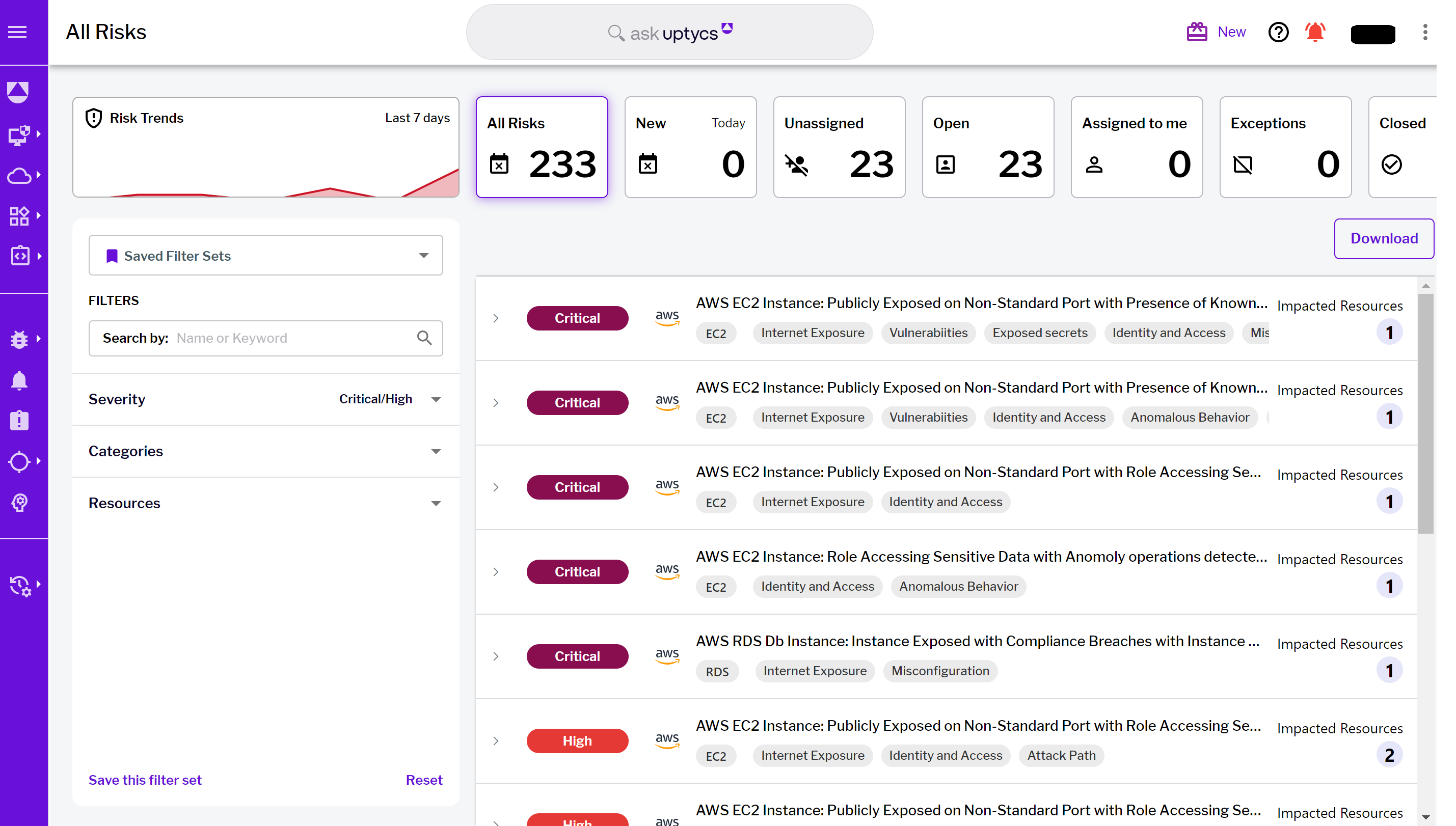 Uptycs Risk Prioritization landing page