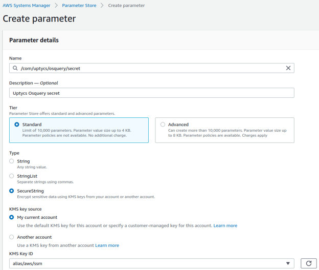 Storing a SecureString in the AWS Systems Manager Parameter Store.