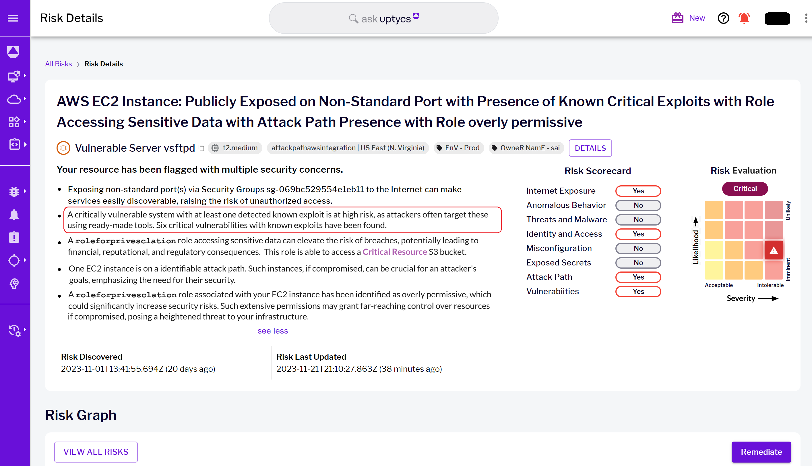 Risk details landing page and highlighted workload context risks