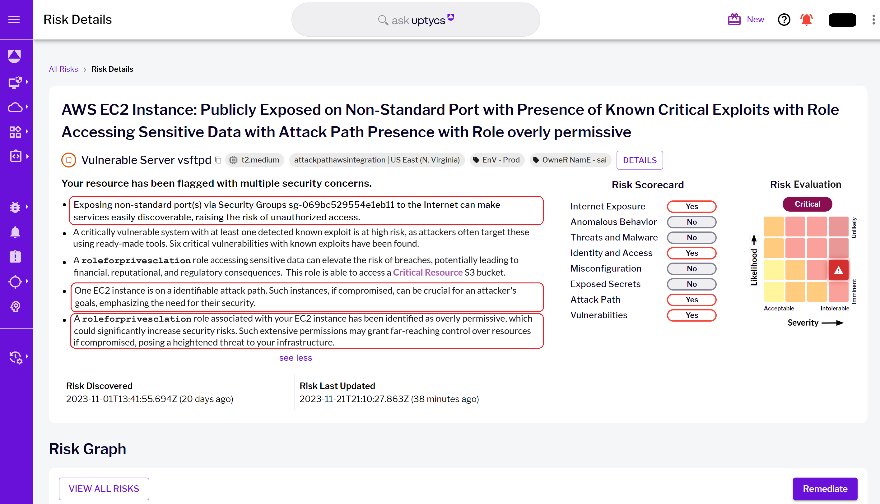 Risk details landing page with highlighted cloud context risks