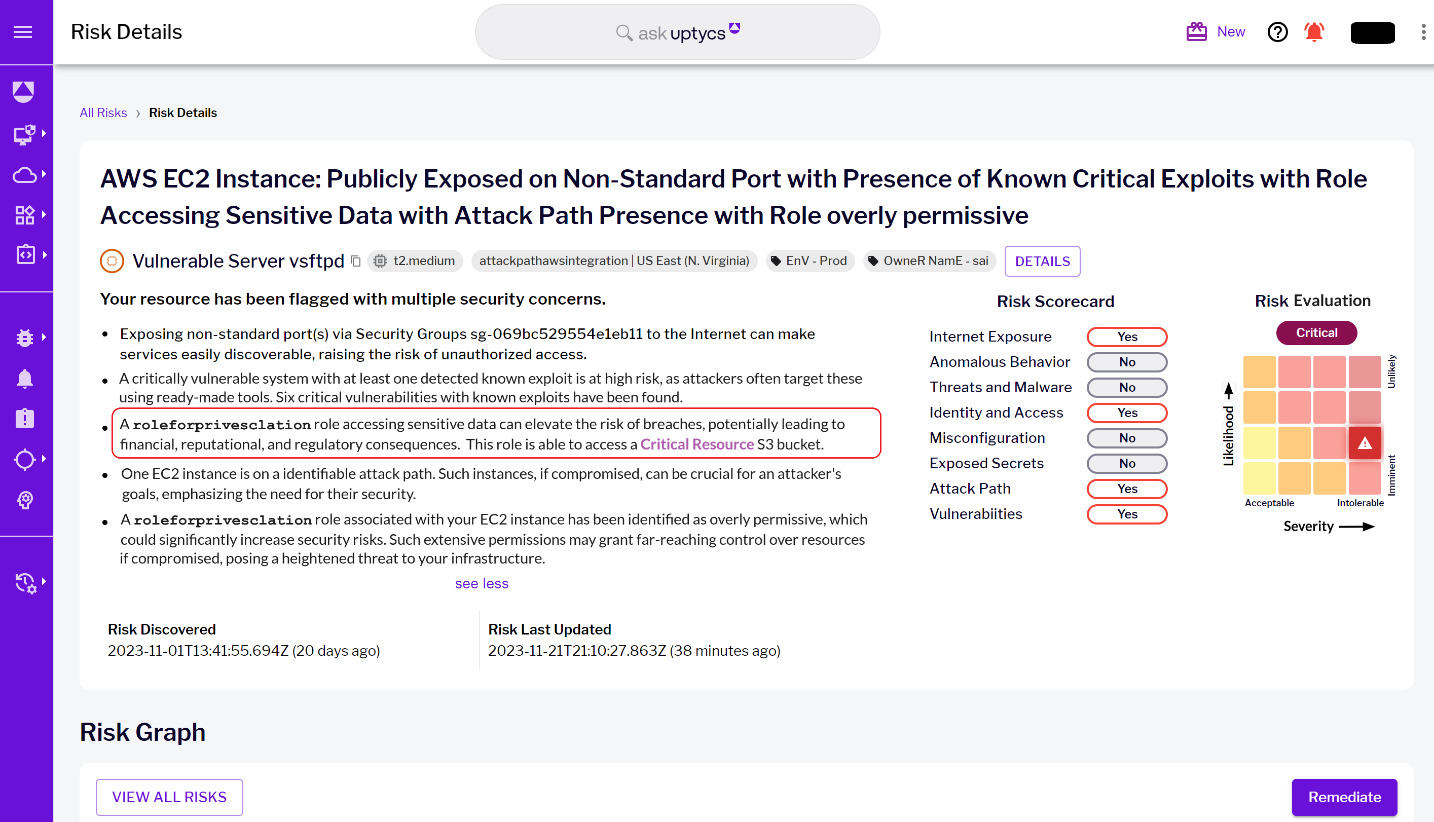 Risk details landing page with highlighted business context risk & critical resource