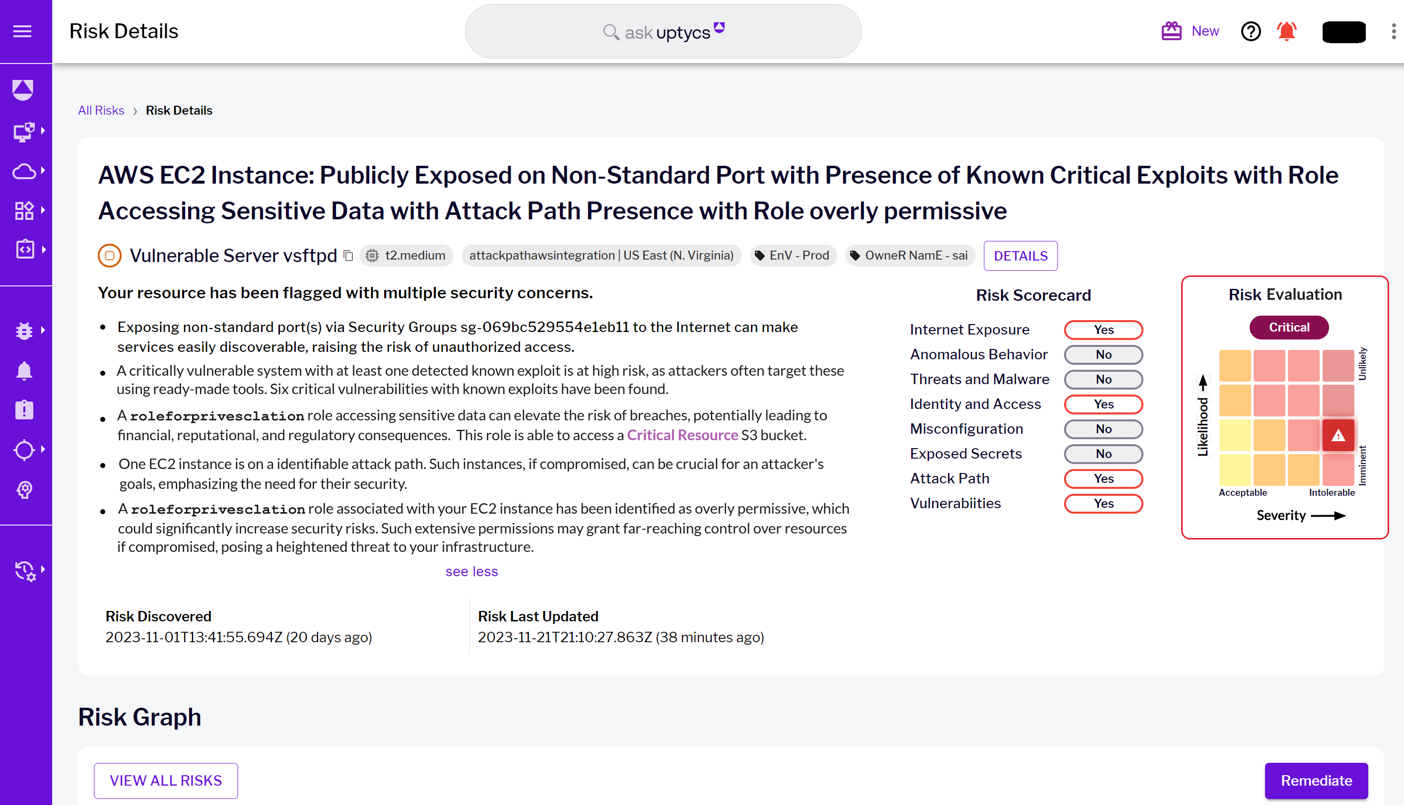 Risk details landing page with highlighted Risk Evaluation matrix