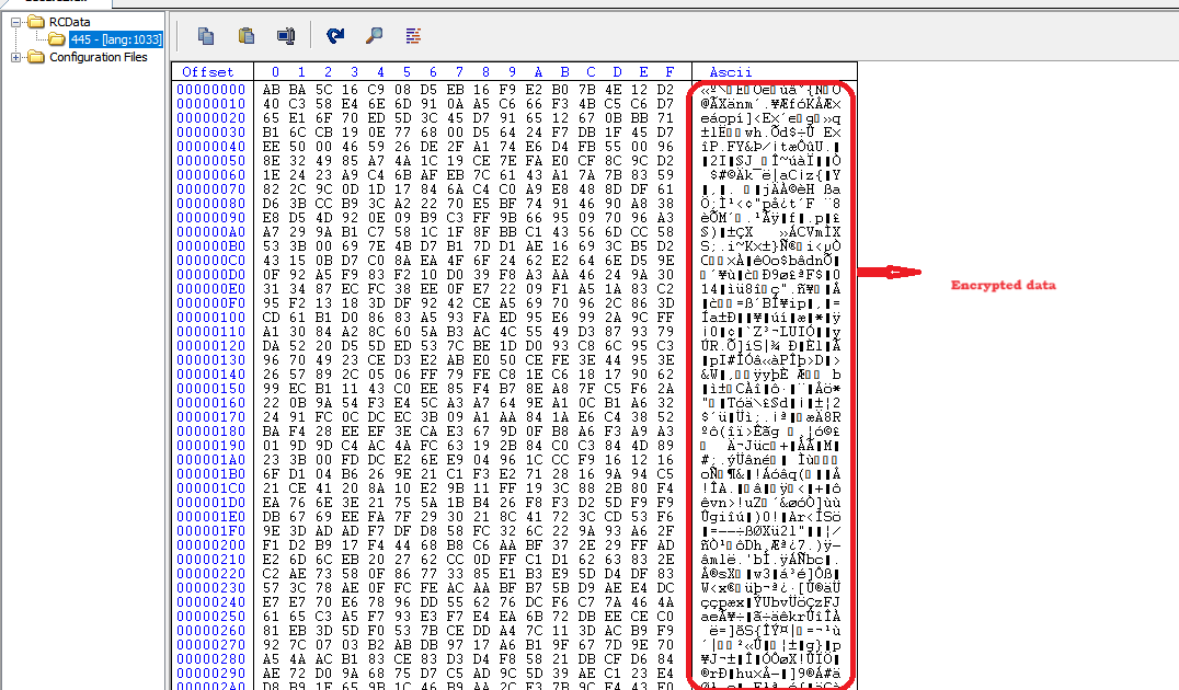 Figure 11-  Resource section of Secure32.dll containing encrypted data