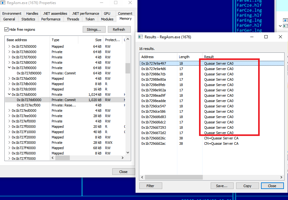 Figure 17-  Quasar RAT related strings inside Regasm.exe memory