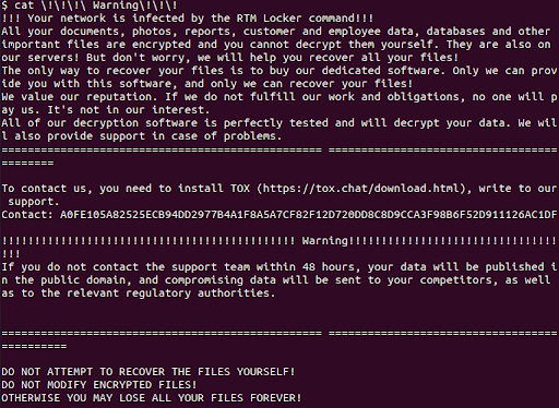 RTM Locker Ransomware as a Service (RaaS) on Linux: screenshot from the RaaS Ransom note
