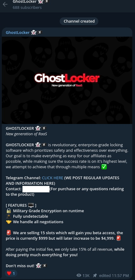 Figure 5 – Telegram channel of GhostLocker ransomware