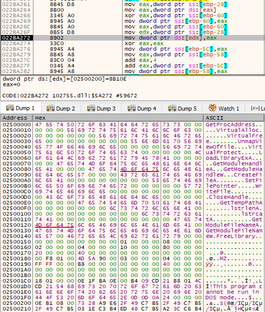 Decryption loop and the dumped VC compiled payload binary executed from DLL file from initial Qbot payload