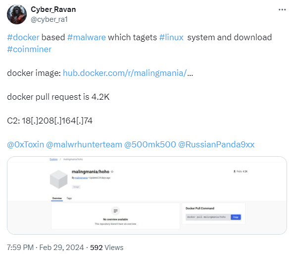 a screen capture of a Tweet by Cyber_Ravan about docker-based malware targeting Linux systems