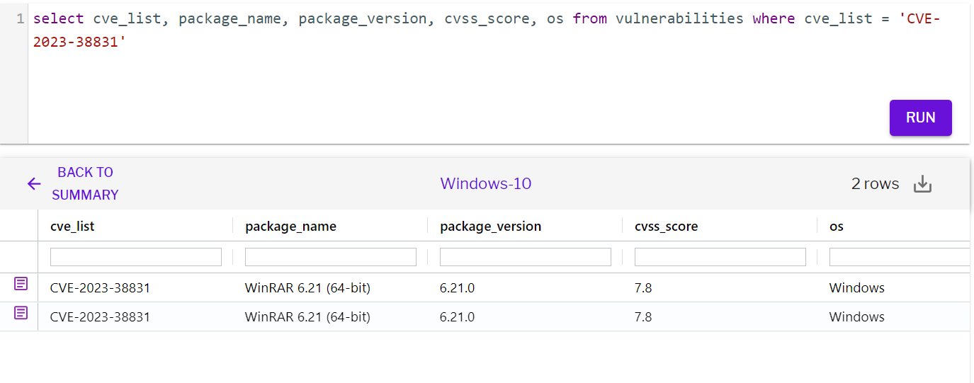 Figure 5 - Detection of vulnerable version of WinRAR through vulnerability scan