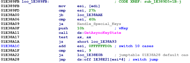 Keylogger code using GetAsyncState API.