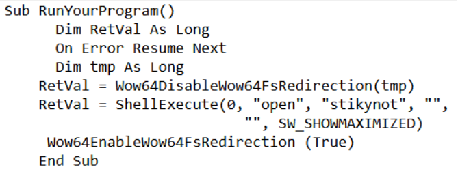 VBA macro using Wow64DisableWoW64FsRedirection API.