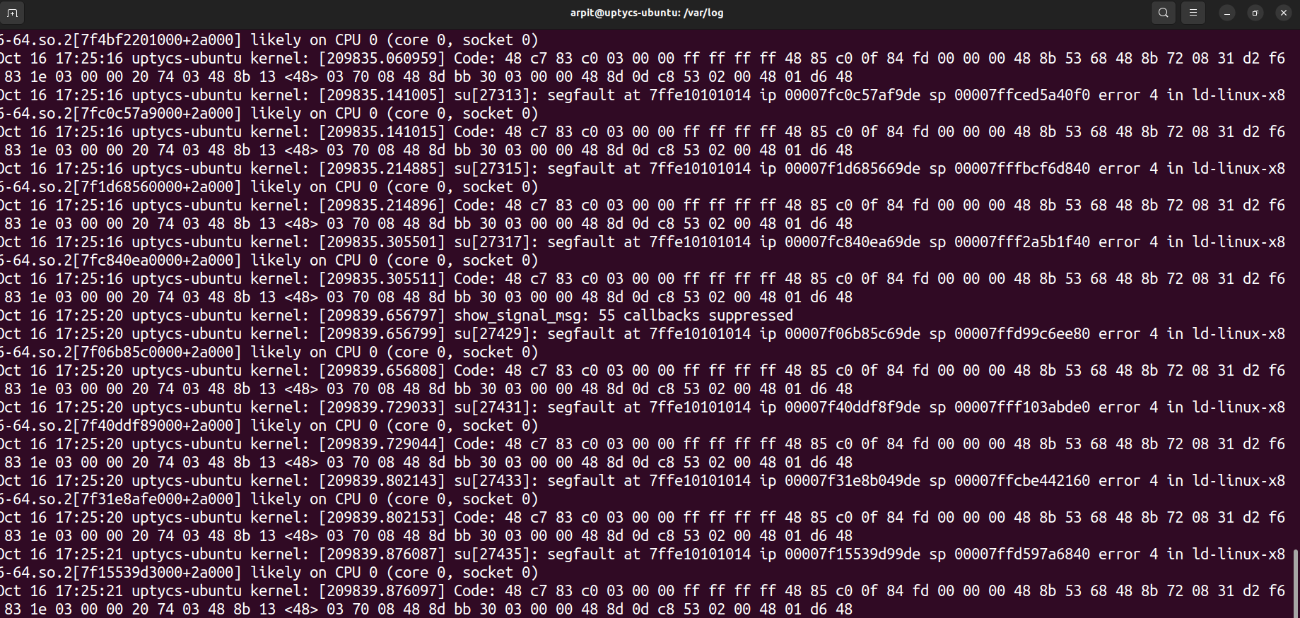 Figure 5 - Segfault Storm in /var/log/kern.log