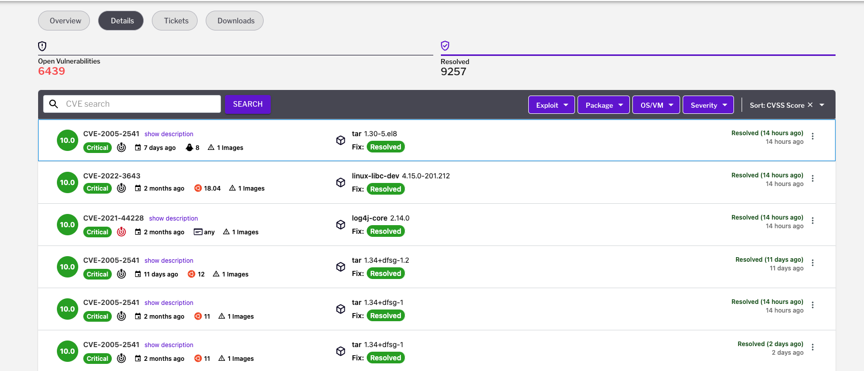 Resolved vulnerabilities shown in the Uptycs platform