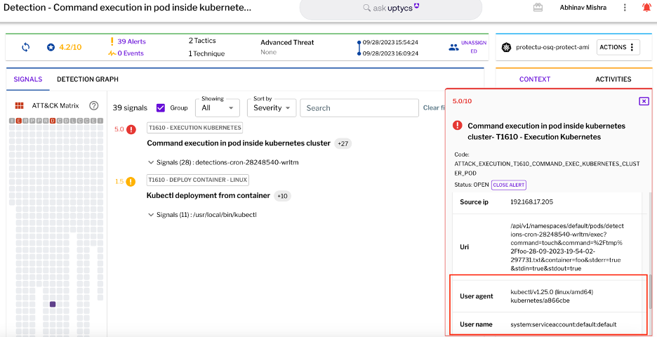 K8 detectionFigure 1 - Detection of insecure Kubernetes kubectl access in Uptycs