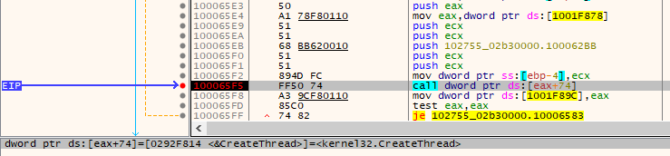 Thread created by Qbot payload binary to start the payload execution if self-check reveals PC is not already infected