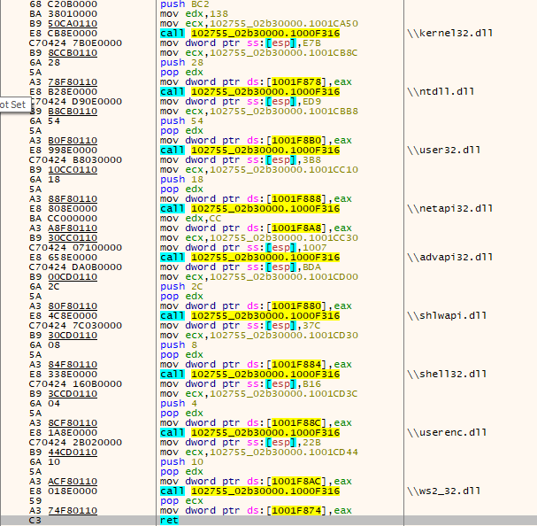 IAT table restructured from the thread created when the Qbot payload binary executes