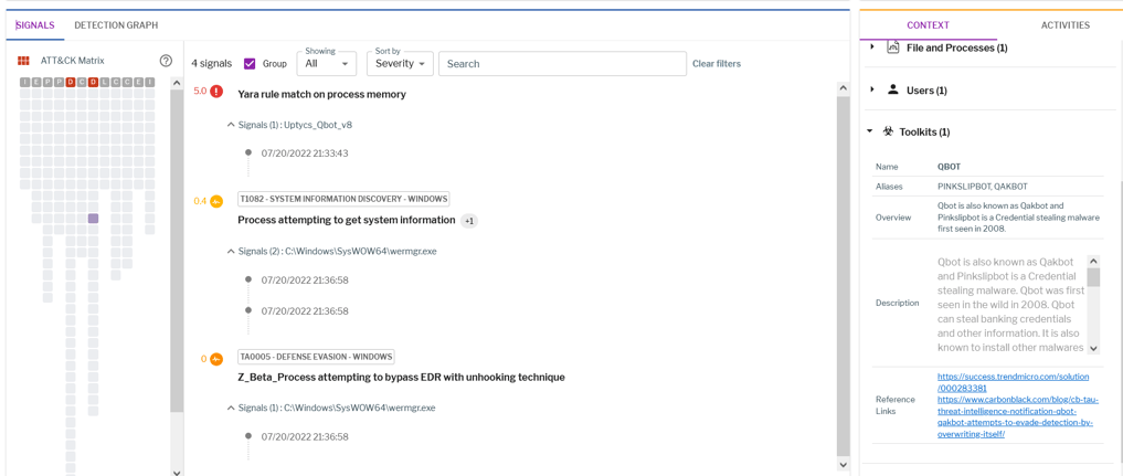 Signals from Uptycs EDR detection when detecting Qbot infection