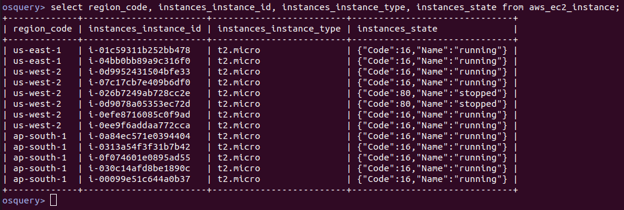 Query and response showing a list of AWS EC2 instances.
