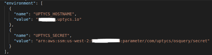 UPTYCS_HOSTNAME and UPTYCS_SECRET being added to the task definition.