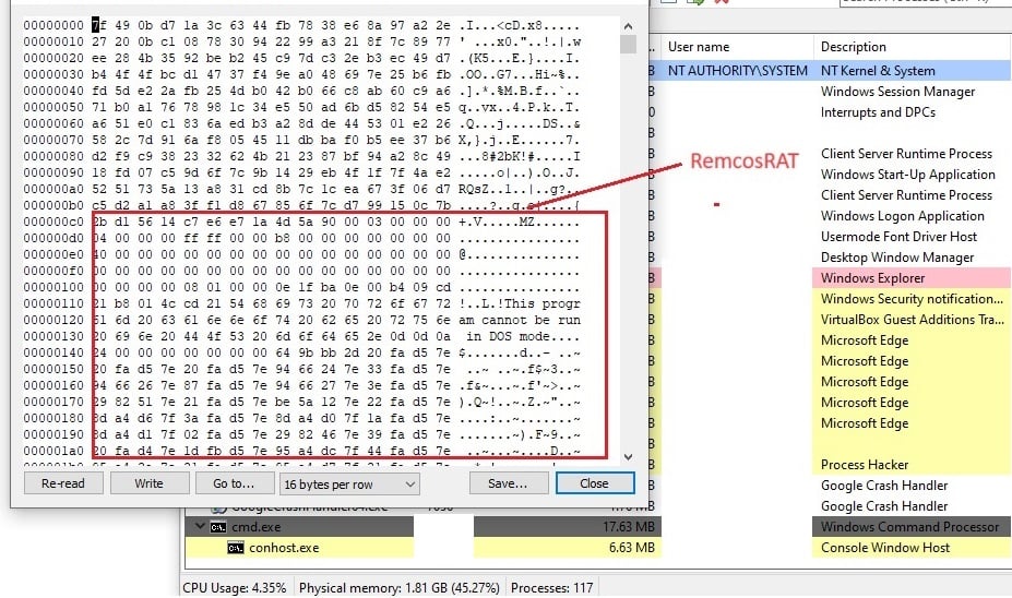 Figure 15–Remcos binary in the memory of cmd.exe (RW)