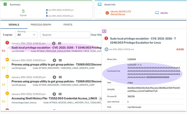 Uptycs EDR detection for CVE-2021-3156.