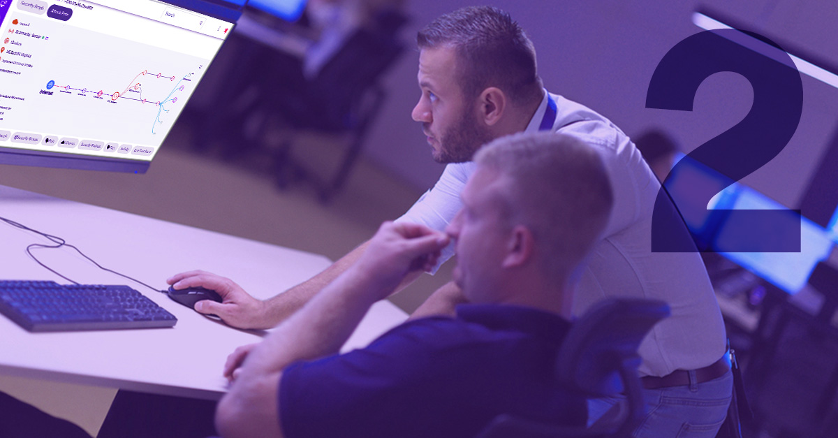 Two cloud security techs look at a computer screen displaying Uptycs Security Graph