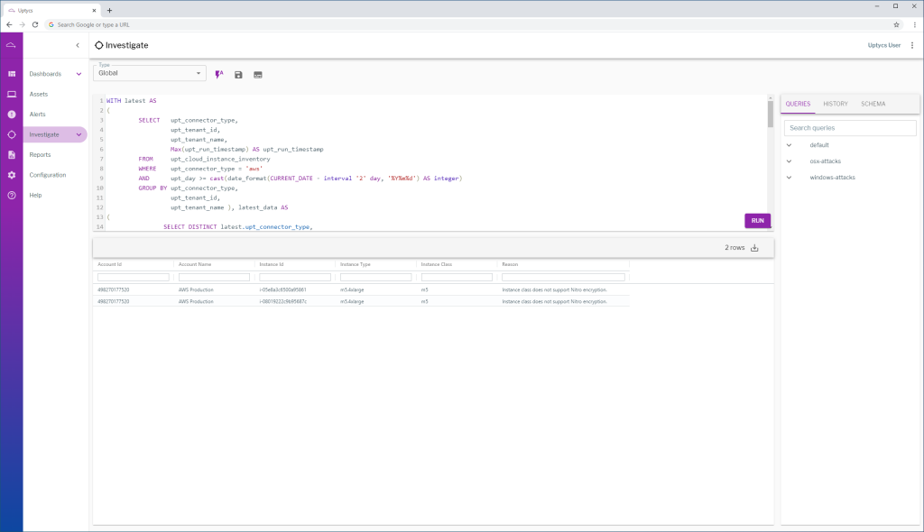 Query results showing EC2 instances running outside of allowed instance classes