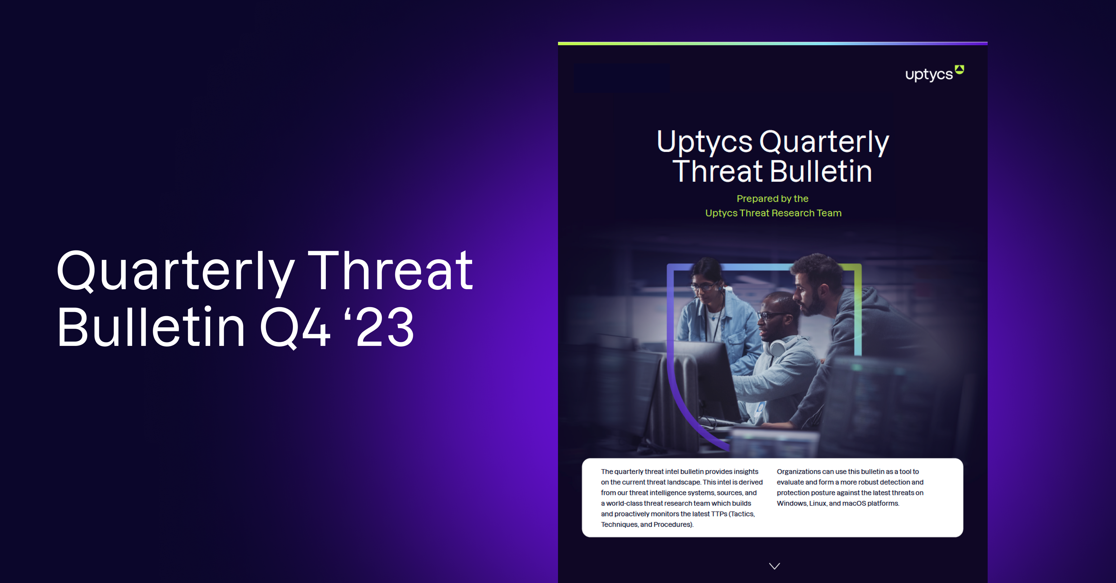 uptycs’ quarterly threat bulletin for Q4 of 2023 overlaid on a purple background card